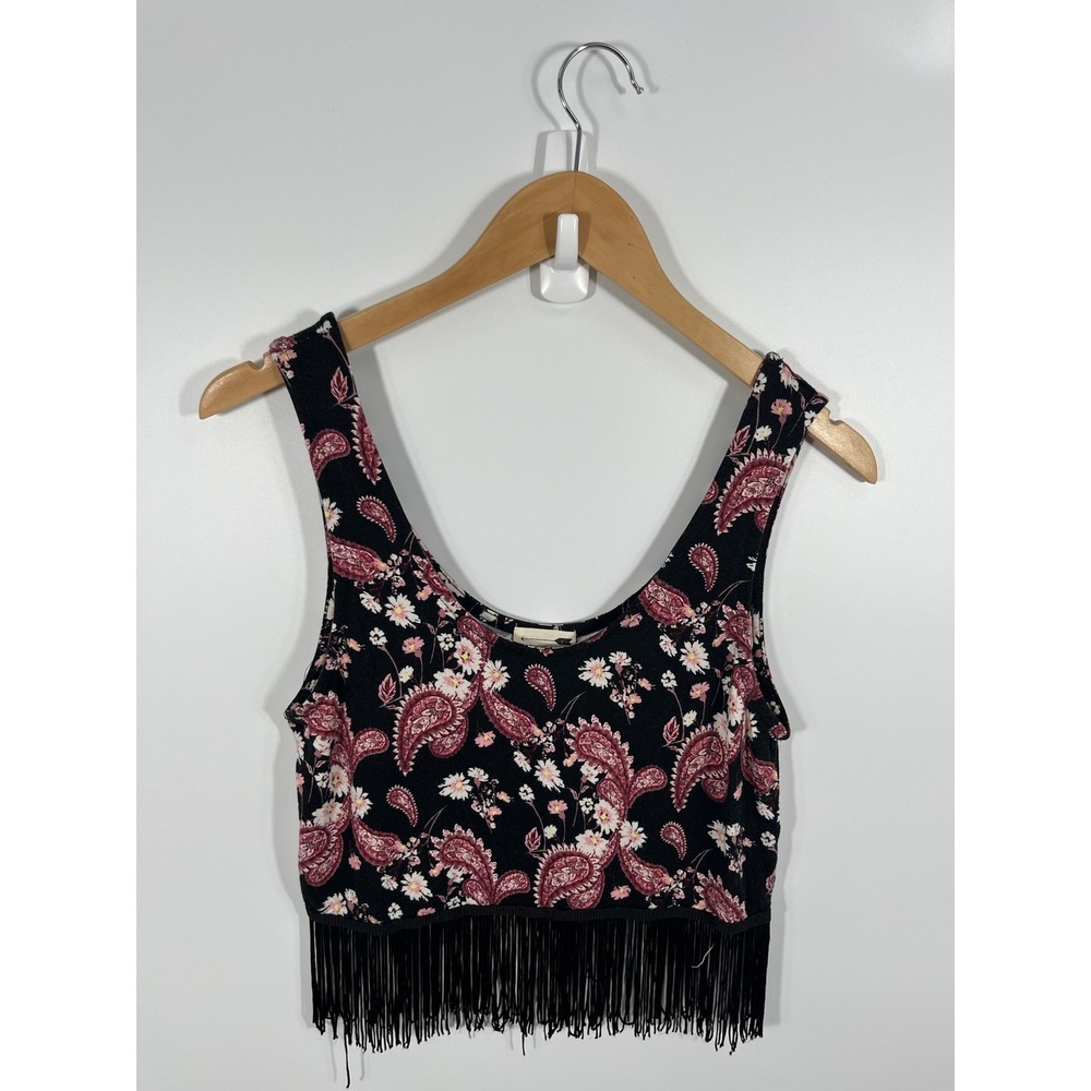Womens Paisley Print Crop Top M Pink Fringe Western Rodeo Festival Concert